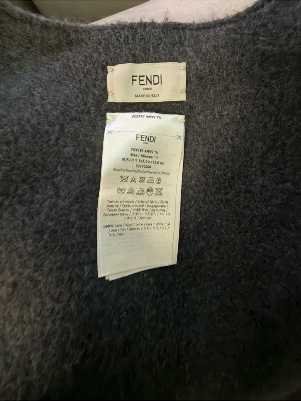 FENDI Roma 100% Wool Fringe Poncho Cape Oversized Pocket One Size